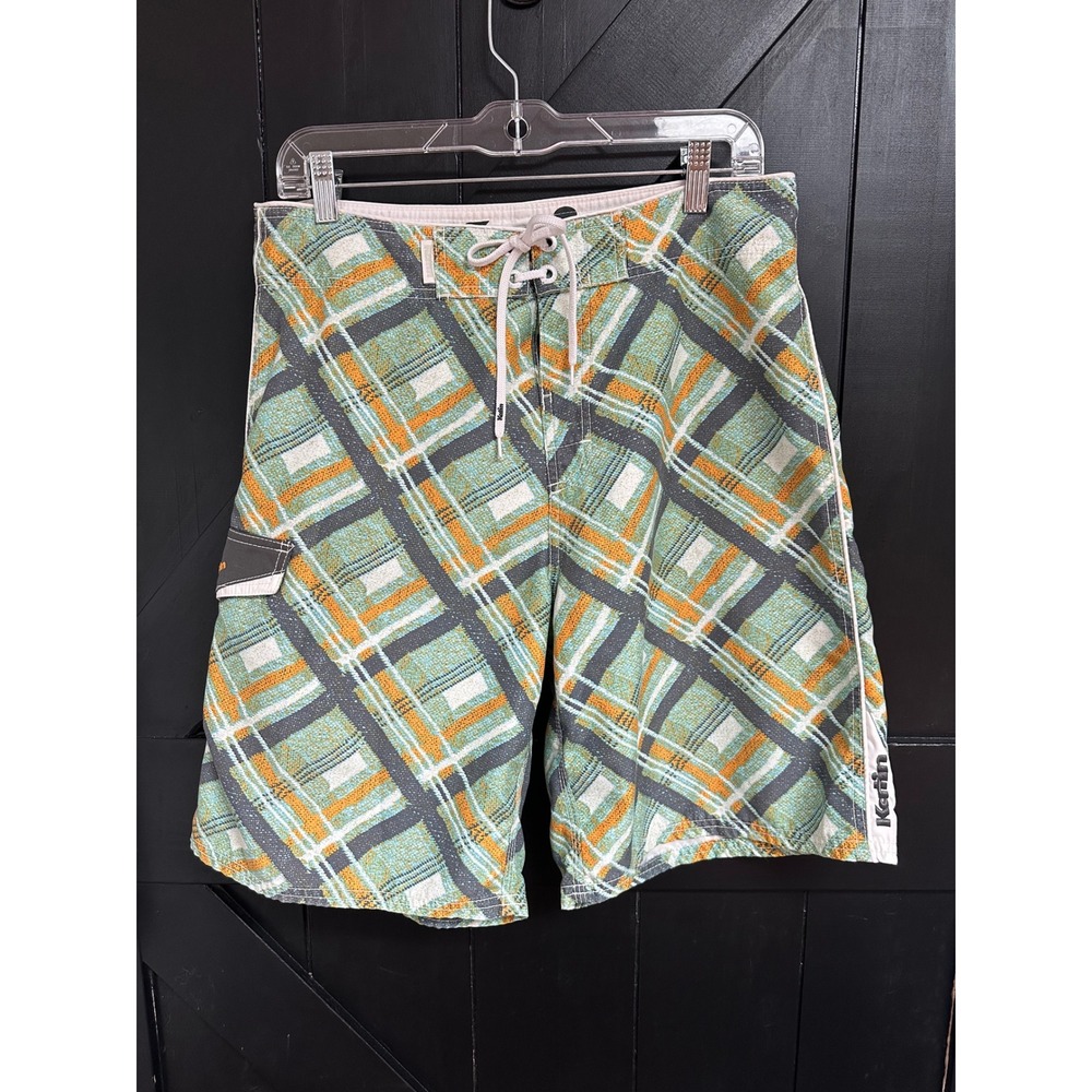 Katin Mens Plaid‎ Board Shorts Green Orange Swim Trunks Size 32 Surf Beach